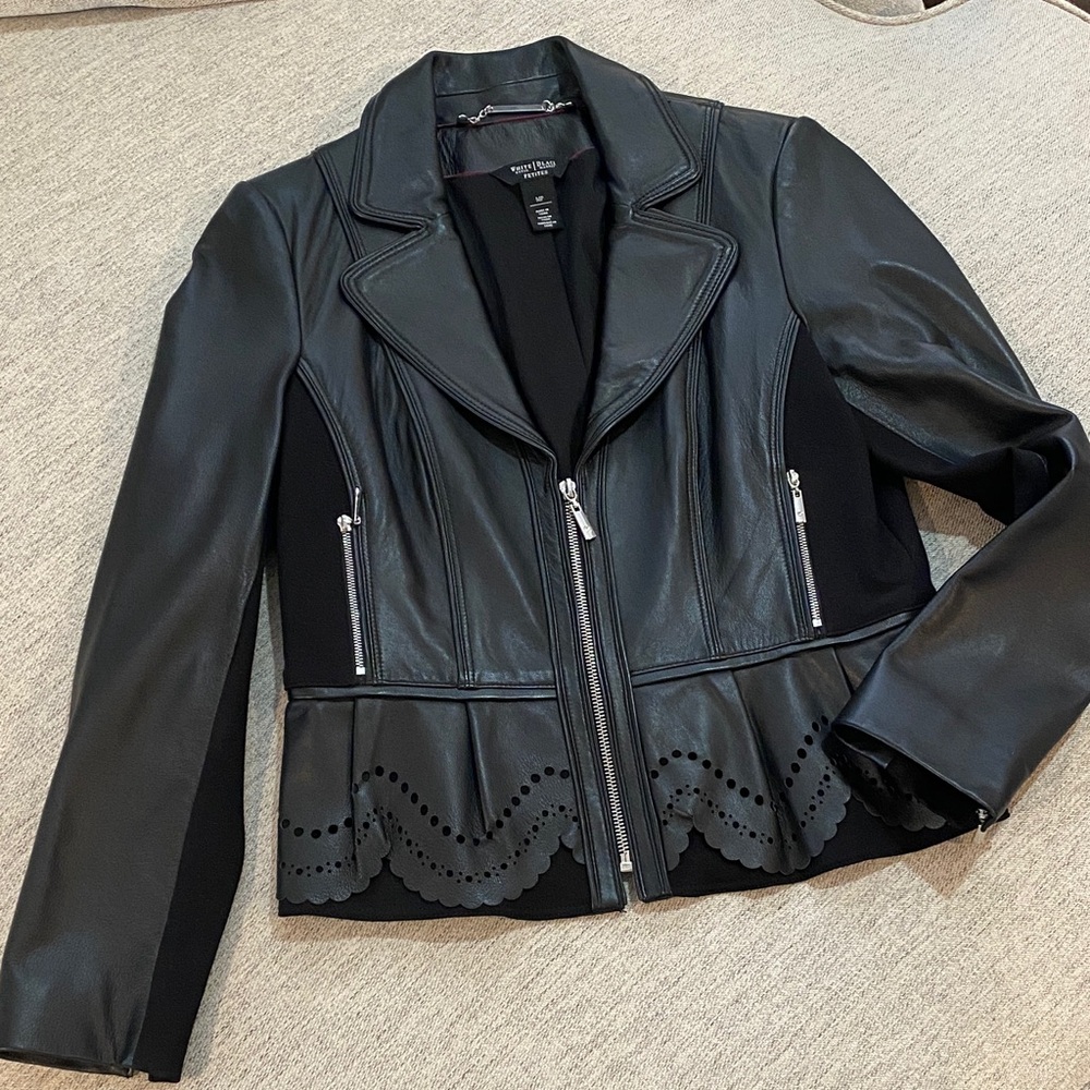 WHBM Black Leather Jacket with Scalloped Detail - Picture 2 of 9